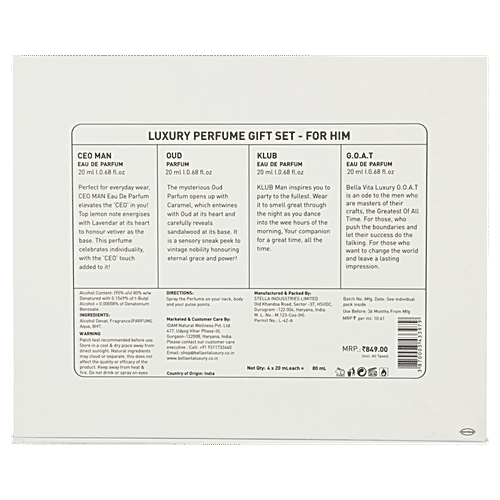 Bella Vita Luxury Unisex Perfume Gift Set For Men & Women, 80 ml (4 x 20 ml) Eau De Parfum