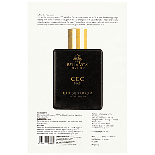 Bella Vita Organic CEO Man Eau De Parfum Office Wear For Men With Long-Lasting Top Hints Of Lemon & Sugar, 100 ml  