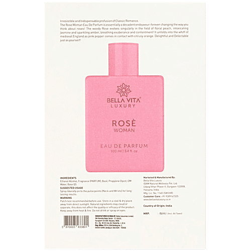 Bella Vita Organic Rose Woman Eau De Parfum Luxury Rose Perfume For Women With Long Lasting Floral Fragrance, 100 ml