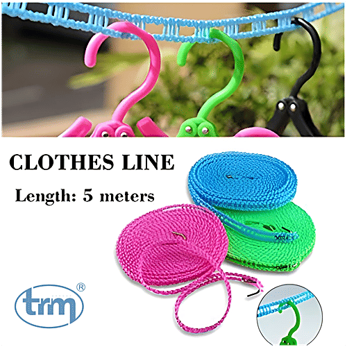 Trm Anti-Slip Clothes Washing Line Nylon Rope - For Drying, With Hooks 5 m, 1 pc