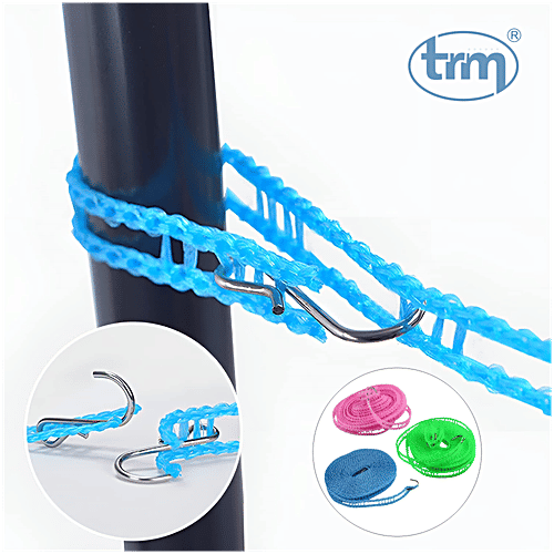 Trm Anti-Slip Clothes Washing Line Nylon Rope - For Drying, With Hooks 5 m, 1 pc