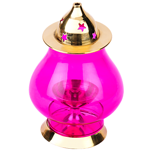 Prime-Metal Designer Brass Jyot, Designer Glass Akhand Jyot With Borosilicate Pink Glass, 1 pc  