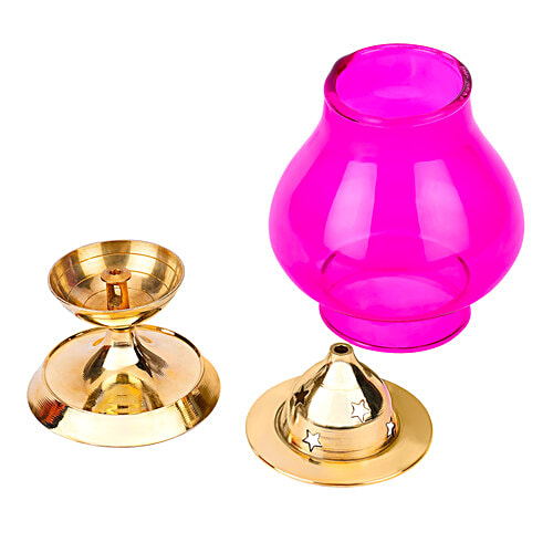 Prime-Metal Designer Brass Jyot, Designer Glass Akhand Jyot With Borosilicate Pink Glass, 1 pc  
