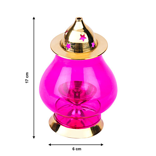 Prime-Metal Designer Brass Jyot, Designer Glass Akhand Jyot With Borosilicate Pink Glass, 1 pc  