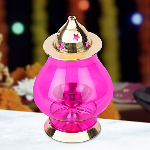 Prime-Metal Designer Brass Jyot, Designer Glass Akhand Jyot With Borosilicate Pink Glass, 1 pc  