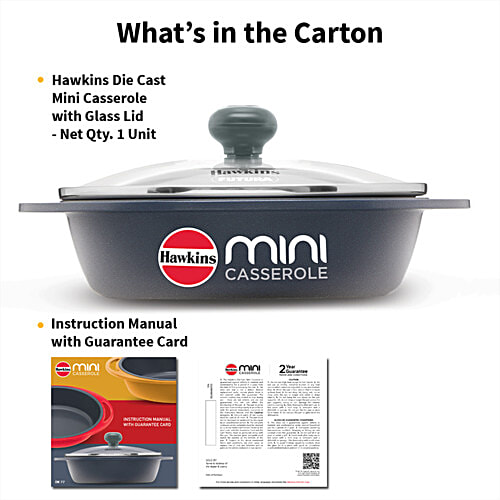 Hawkins Mini Casserole - With Glass Lid, Oval Shaped, Ceramic Coating Outside, Grey, DCG75G, 750 ml For Reheating Serving and Storing