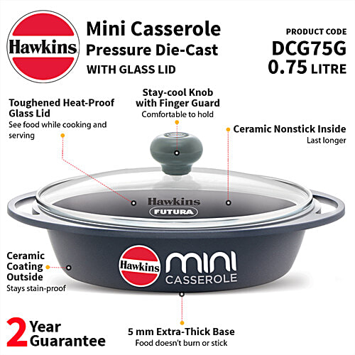 Hawkins Mini Casserole - With Glass Lid, Oval Shaped, Ceramic Coating Outside, Grey, DCG75G, 750 ml For Reheating Serving and Storing