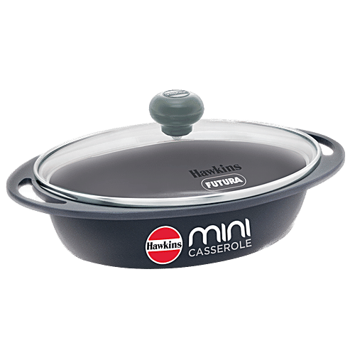 Hawkins Mini Casserole - With Glass Lid, Oval Shaped, Ceramic Coating Outside, Grey, DCG75G, 750 ml For Reheating Serving and Storing