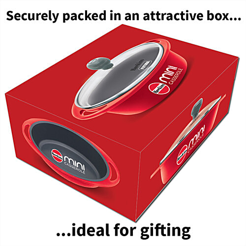 Hawkins Mini Casserole - With Glass Lid, Oval Shaped, Ceramic Coating Outside, Red, DCR75G, 750 ml  For Reheating Serving and Storing