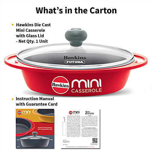 Hawkins Mini Casserole - With Glass Lid, Oval Shaped, Ceramic Coating Outside, Red, DCR75G, 750 ml  For Reheating Serving and Storing