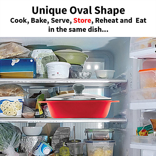 Hawkins Mini Casserole - With Glass Lid, Oval Shaped, Ceramic Coating Outside, Red, DCR75G, 750 ml  For Reheating Serving and Storing