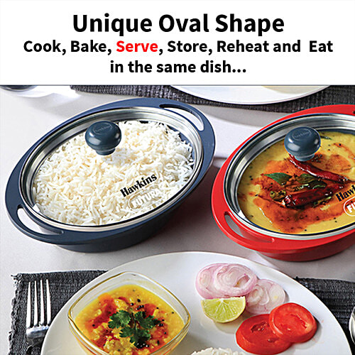 Hawkins Mini Casserole - With Glass Lid, Oval Shaped, Ceramic Coating Outside, Red, DCR75G, 750 ml  For Reheating Serving and Storing