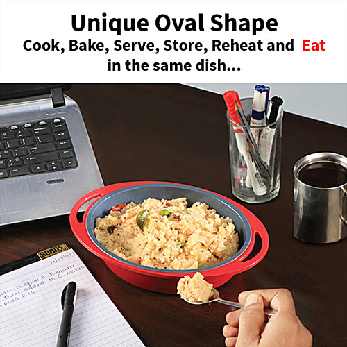 Hawkins Mini Casserole - With Glass Lid, Oval Shaped, Ceramic Coating Outside, Red, DCR75G, 750 ml  For Reheating Serving and Storing