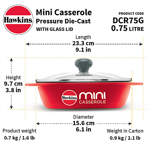 Hawkins Mini Casserole - With Glass Lid, Oval Shaped, Ceramic Coating Outside, Red, DCR75G, 750 ml  For Reheating Serving and Storing