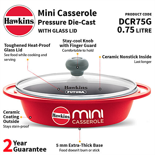 Hawkins Mini Casserole - With Glass Lid, Oval Shaped, Ceramic Coating Outside, Red, DCR75G, 750 ml  For Reheating Serving and Storing