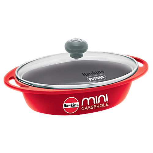 Hawkins Mini Casserole - With Glass Lid, Oval Shaped, Ceramic Coating Outside, Red, DCR75G, 750 ml  For Reheating Serving and Storing