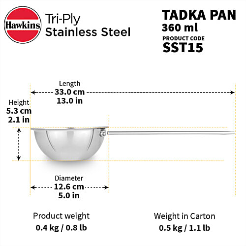 Hawkins Triply Stainless Steel Tadka Pan - Silver, STP15, 360 ml  