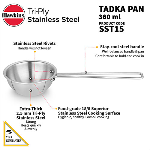 Hawkins Triply Stainless Steel Tadka Pan - Silver, STP15, 360 ml  