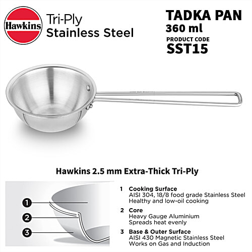 Hawkins Triply Stainless Steel Tadka Pan - Silver, STP15, 360 ml  