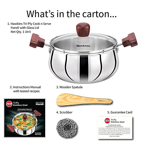 Hawkins Triply Stainless Steel Cook N Serve Handi - With Glass Lid, Silver, SSH20G, 2 L  Induction Compatible Cooking Pot