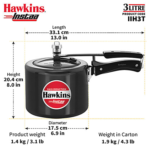 Hawkins Instaa Hard Anodised Pressure Cooker - Inner Lid, Tall Body, Black, IIH3T, 3 L  Induction Friendly