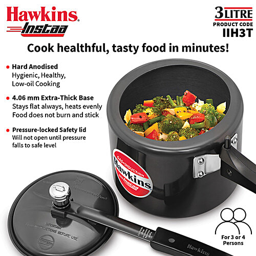 Hawkins Instaa Hard Anodised Pressure Cooker - Inner Lid, Tall Body, Black, IIH3T, 3 L  Induction Friendly