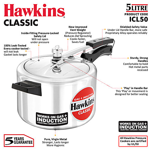 Hawkins Classic Pressure Cooker - Inner Lid, Silver, ICL50, 5 L  Gas + Induction