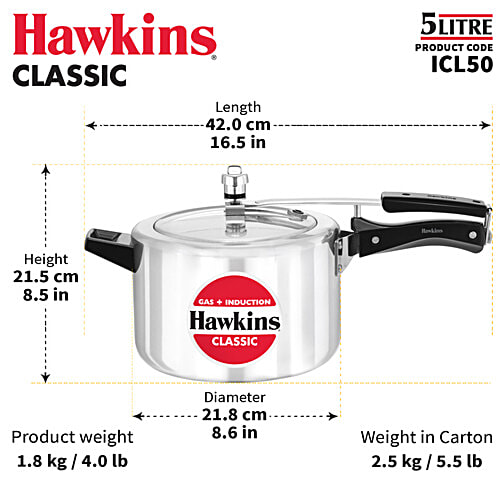 Hawkins Classic Pressure Cooker - Inner Lid, Silver, ICL50, 5 L  Gas + Induction