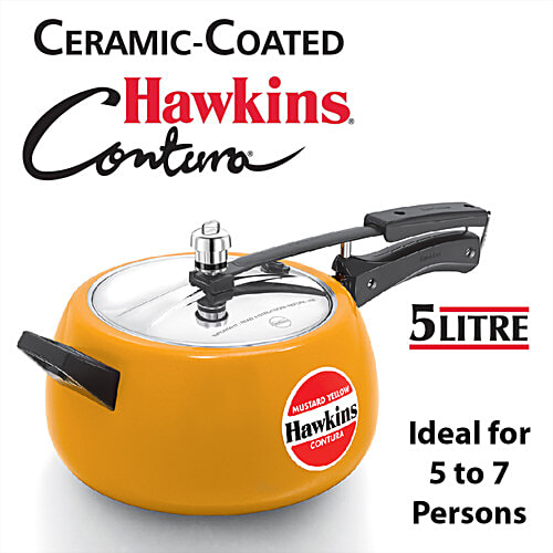 Hawkins Ceramic Coated Contura Pressure Cooker - Handi Stainless Steel Inner Lid, Mustard Yellow, CMY50, 5 L