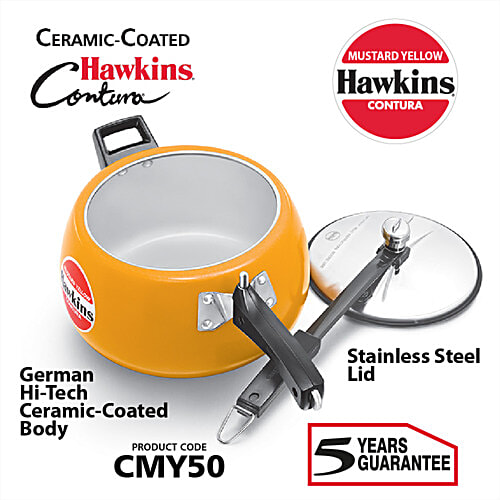 Hawkins Ceramic Coated Contura Pressure Cooker - Handi Stainless Steel Inner Lid, Mustard Yellow, CMY50, 5 L