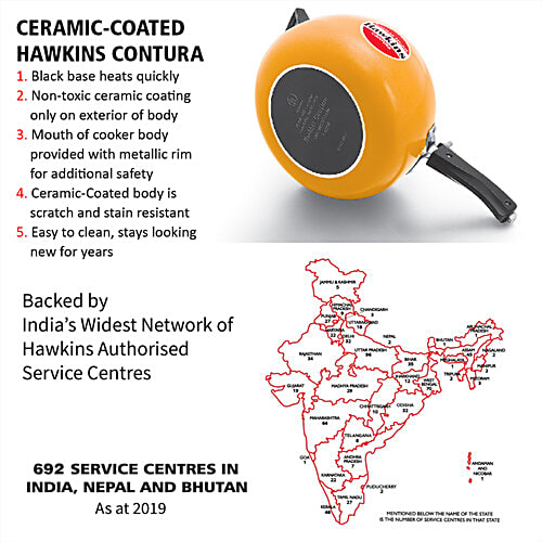 Hawkins Ceramic Coated Contura Pressure Cooker - Handi Stainless Steel Inner Lid, Mustard Yellow, CMY50, 5 L
