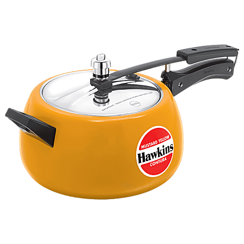 Hawkins Ceramic Coated Contura Pressure Cooker - Handi Stainless Steel Inner Lid, Mustard Yellow, CMY50, 5 L