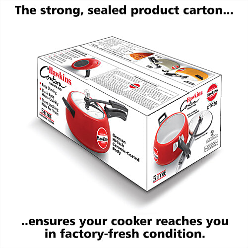 Hawkins Ceramic Coated Contura Pressure Cooker - Handi Stainless Steel Inner Lid, Tomato Red, CTR50, 5 L  