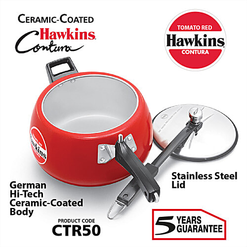 Hawkins Ceramic Coated Contura Pressure Cooker - Handi Stainless Steel Inner Lid, Tomato Red, CTR50, 5 L  