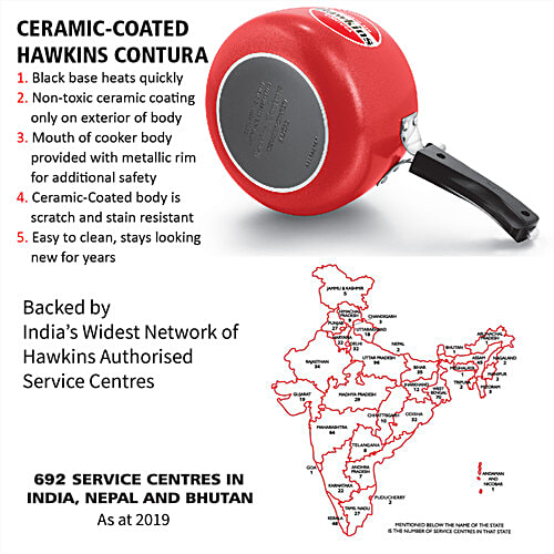 Hawkins Ceramic Coated Contura Pressure Cooker - Handi Stainless Steel Inner Lid, Tomato Red, CTR50, 5 L  