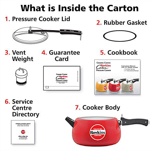 Hawkins Ceramic Coated Contura Pressure Cooker - Handi Stainless Steel Inner Lid, Tomato Red, CTR50, 5 L  