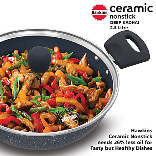 Hawkins Ceramic Nonstick Deep Kadhai - With Glass Lid, Grey, ICK25G, 2.5 l  Induction Deep Fry Pan
