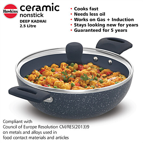 Hawkins Ceramic Nonstick Deep Kadhai - With Glass Lid, Grey, ICK25G, 2.5 l  Induction Deep Fry Pan