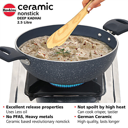 Hawkins Ceramic Nonstick Deep Kadhai - With Glass Lid, Grey, ICK25G, 2.5 l  Induction Deep Fry Pan