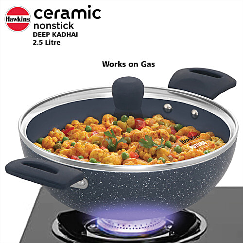 Hawkins Ceramic Nonstick Deep Kadhai - With Glass Lid, Grey, ICK25G, 2.5 l  Induction Deep Fry Pan