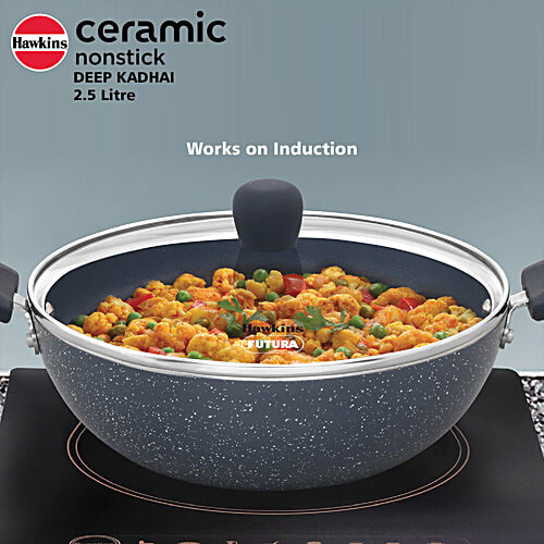 Hawkins Ceramic Nonstick Deep Kadhai - With Glass Lid, Grey, ICK25G, 2.5 l  Induction Deep Fry Pan