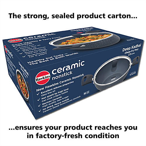 Hawkins Ceramic Nonstick Deep Kadhai - With Glass Lid, Grey, ICK25G, 2.5 l  Induction Deep Fry Pan