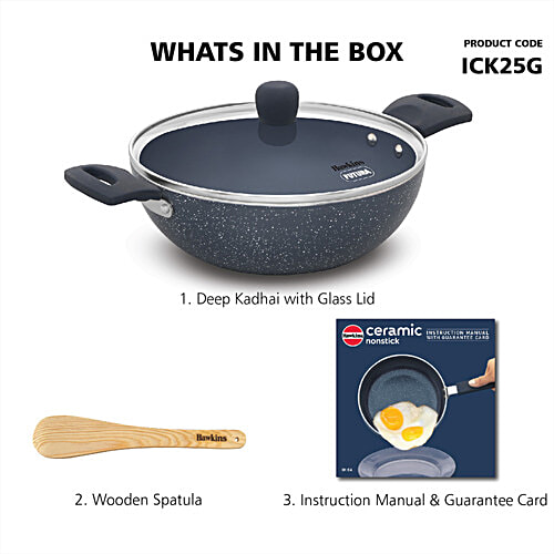 Hawkins Ceramic Nonstick Deep Kadhai - With Glass Lid, Grey, ICK25G, 2.5 l  Induction Deep Fry Pan
