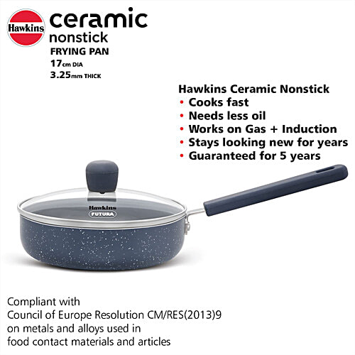 Hawkins Ceramic Nonstick Frying Pan - With Glass Lid, 17 cm, Grey, ICF17G, 1 L  Induction Fry Pan