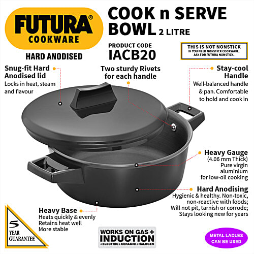 Hawkins Futura Hard Anodised Cook N Serve Bowl - With Lid, Black, IACB20, 2 L
