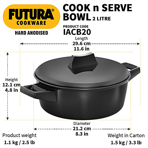 Hawkins Futura Hard Anodised Cook N Serve Bowl - With Lid, Black, IACB20, 2 L
