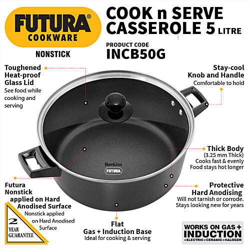 Hawkins Futura Non-stick Cook N Serve Casserole - With Glass Lid, Black, INCB50G, 5 L For Cooking and Serving