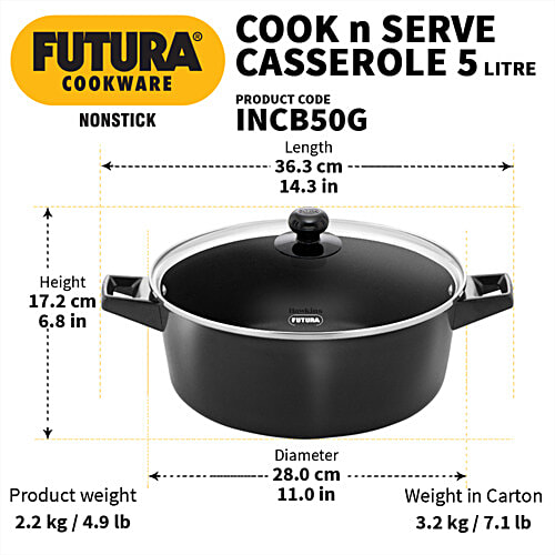 Hawkins Futura Non-stick Cook N Serve Casserole - With Glass Lid, Black, INCB50G, 5 L For Cooking and Serving