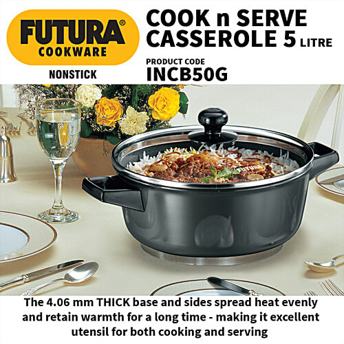 Hawkins Futura Non-stick Cook N Serve Casserole - With Glass Lid, Black, INCB50G, 5 L For Cooking and Serving