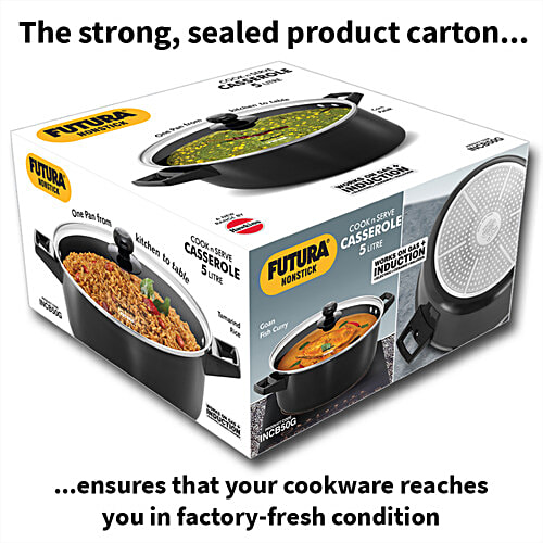 Hawkins Futura Non-stick Cook N Serve Casserole - With Glass Lid, Black, INCB50G, 5 L For Cooking and Serving